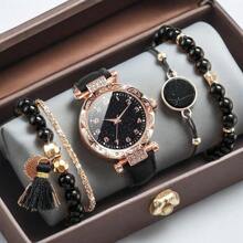 Set de 5 piezas de reloj de cuarzo con correa con cristales y pulsera de perlas para mujer (sin caja)