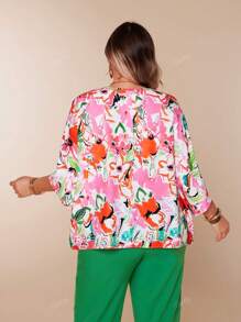 Loose Batwing Sleeve Floral Print Shirt For Women, Pink Single-Breasted V-Neck Half Sleeve Elegant Plus Size Blouse, Vacation Summer Wear