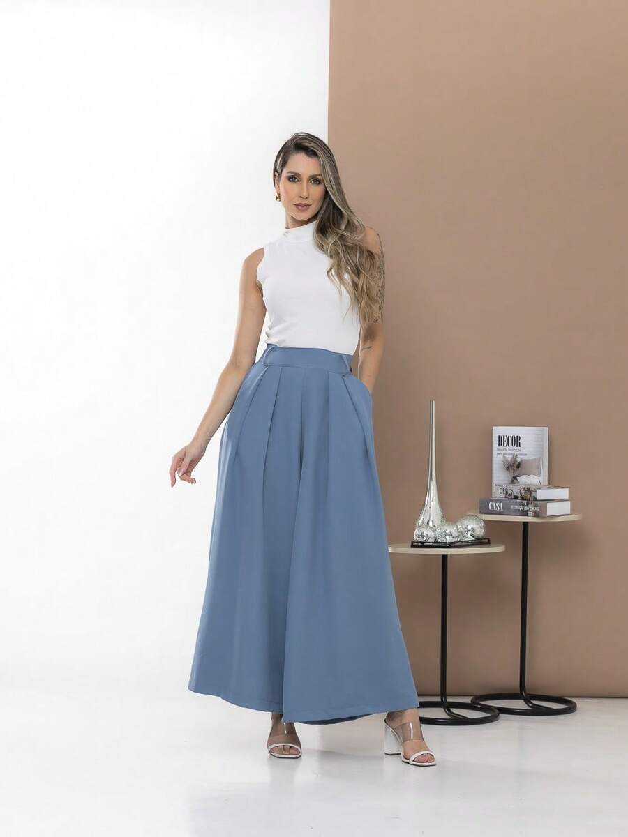 WOMEN'S PANTS, WIDE LEG, HIGH WAIST, PANTALONA - Dusty Blue - View 1