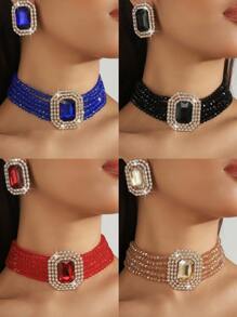 1pc Premium Geometric Square Fuchsia, Green, White, Black Crystal Beaded Necklace And 1 Pair Geometric Square Fuchsia, Green, White, Black Crystal Earrings, 2pcs Jewelry Set, Suitable For Evening Gown And Everyday Wear