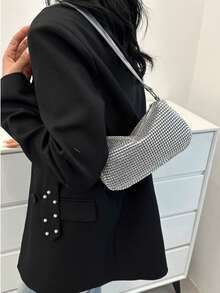 1pc Shiny Solid Color Plastic Diamond Women's Shoulder Bag, 2025 New Armpit Bag 22*5*12cm, Fits Phone Wallet And Keys, Suitable For Girls Outdoor Shopping, Party, Photography, Holiday Gift, Popular Women Bag - Silver - View 4