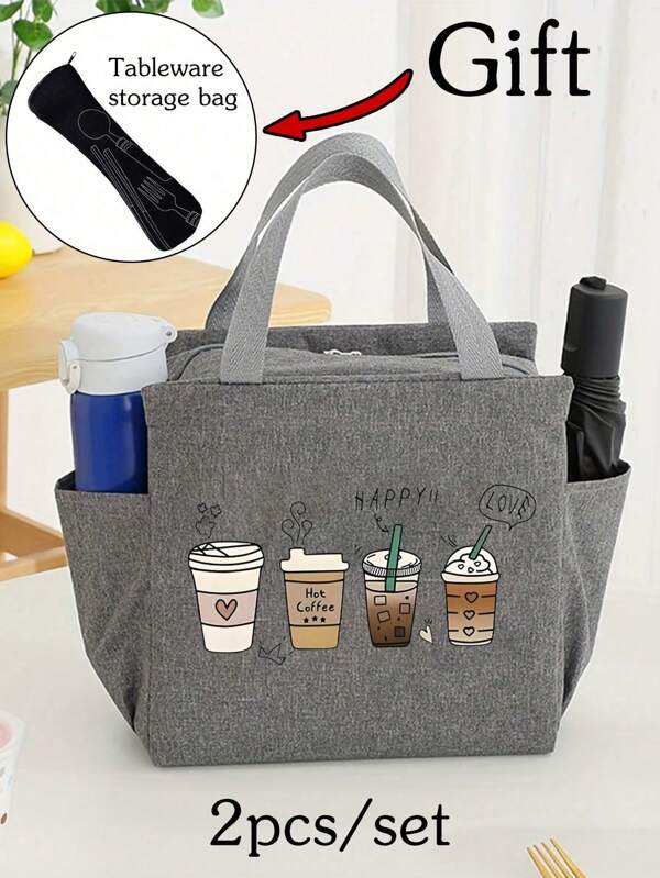 Bolsa aislada para exteriores, bolsa aislada con el patrón "Cuatro tazas de café", emparejada con una bolsa de almacenamiento de cubiertos negra, bolsa de almuerzo con doble bolsillo, bolsa aislada refrigerada para comida de estudiantes de gran capacidad, bolsa de picnic portátil de viaje, bolsa de almuerzo aislada para la oficina y la escuela, lonchera aislada, lonchera de vacaciones de oficina, bolsa aislada multifuncional para camping para hombres y mujeres