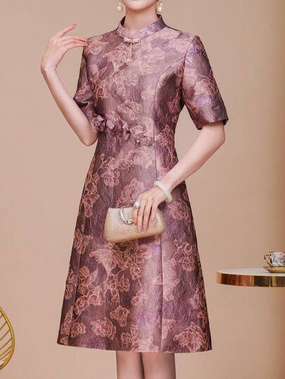 女士夏季立领连衣裙，优雅迷人，短袖A字型奢华晚礼服，精致花卉图案，3D立体花卉腰部细节，后背拉链，适合婚礼、派对、宾客、宴会、仪式、订婚、毕业典礼、假日等场合。