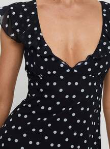 Women Summer Dot Print V Neck Flying Sleeve A-Line Mini Dress Sundress - 黑色 - 查看 4