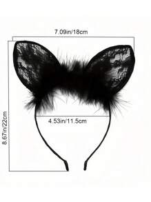 1 pièce Serre-tête élégant pour femmes avec oreilles de chat, dentelle et plumes moelleuses - accessoire cheveux en polyester non extensible pour le cosplay, les soirées déguisées, les événements extérieurs | Bandeau mode pour femmes (noir/blanc)
