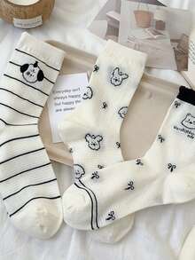 6pairs White Mesh Cartoon Puppy Socks For Women In Middle Socks Summer Thin Jk Piles Of Stockings