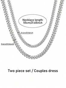 2pcs Stainless Steel Hip Hop Style Cuban Chain Necklace Set, Couple Promise Necklace With Card, Everyday Wear & Gift, Valentine's Day Anniversary, Jewelry All Season With Elegant Gift Box - Silver - View 9