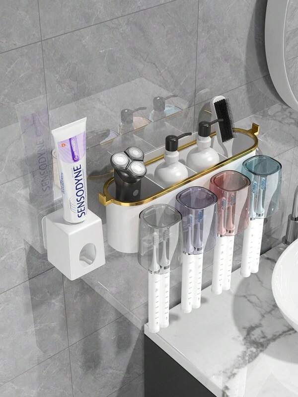 1set Toothbrush & Toothbrush Cup Holder Rack, Wall-Mounted Bathroom Organizer Storage For Toothbrush And Mouthwash Cup