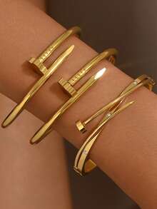 1/3 chiếc Bộ vòng tay thời trang bằng thép không gỉ màu vàng, Móng tay cỏ bốn lá, Móng tay hình trái tim, Vòng tay thời trang và thanh lịch dành cho phụ nữ để đeo hàng ngày, Vòng tay đính kim cương, Vòng tay đính móng tay - Nhiều màu - Xem 7