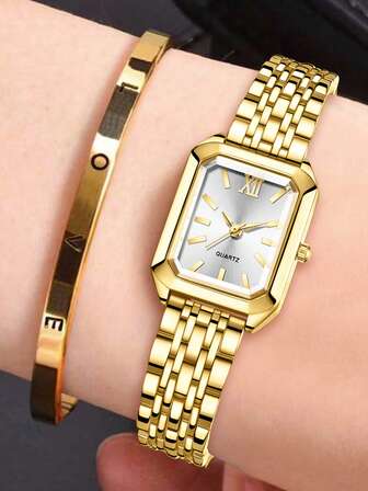 JasonRolls 2 st/set dammode, avslappnad lyxig guldfärgad rem, rektangulär urtavla, kvartsklocka och armband, smyckeset, lämplig för vardagsbruk eller högtidsgåva