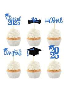 12pcs/Set 2025 Graduation Cupcake Toppers, 2025 Shiny Graduation Cupcake Decorations, 2025 Grad Class Congratulations Graduation Cap & Diploma Cupcake Picks, 2025 Blue And Black, Gold