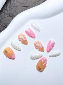 10 peças de unhas postiças curtas estilo francês, estilo amêndoa, nude, estilo praia, extensões com flor e pérola, estrela do mar, unhas caseiras, unhas postiças de acrílico, adequadas para feriados, festas e uso diário; inclui 1 folha de cola gelatinosa e 1 mini lixa