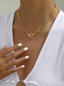 1pc Simple Long Hook Solid Chain Necklace, Everyday Wear For Women - Gold - View 3