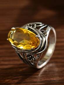 1pc Boho Style Vintage Silver Oversized Golden Cubic Zirconia Women's Ring, Wedding/Engagement/Promise Ring For Daily Wear