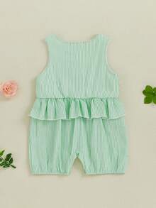 Baby Girls Striped Jumpsuit Sleeveless Crew Neck Pickleball Embroidered Tank Rompers - Green - View 8