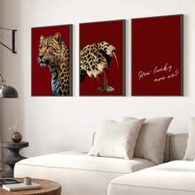 3pcs Set Red Leopard Fashion Wall Art Canvas Poster Print Minimalist Luxury Art Aesthetic Decor Funky Painting For Dorm,Apartment,Bedroom,Living Room,Modern Home Decoration