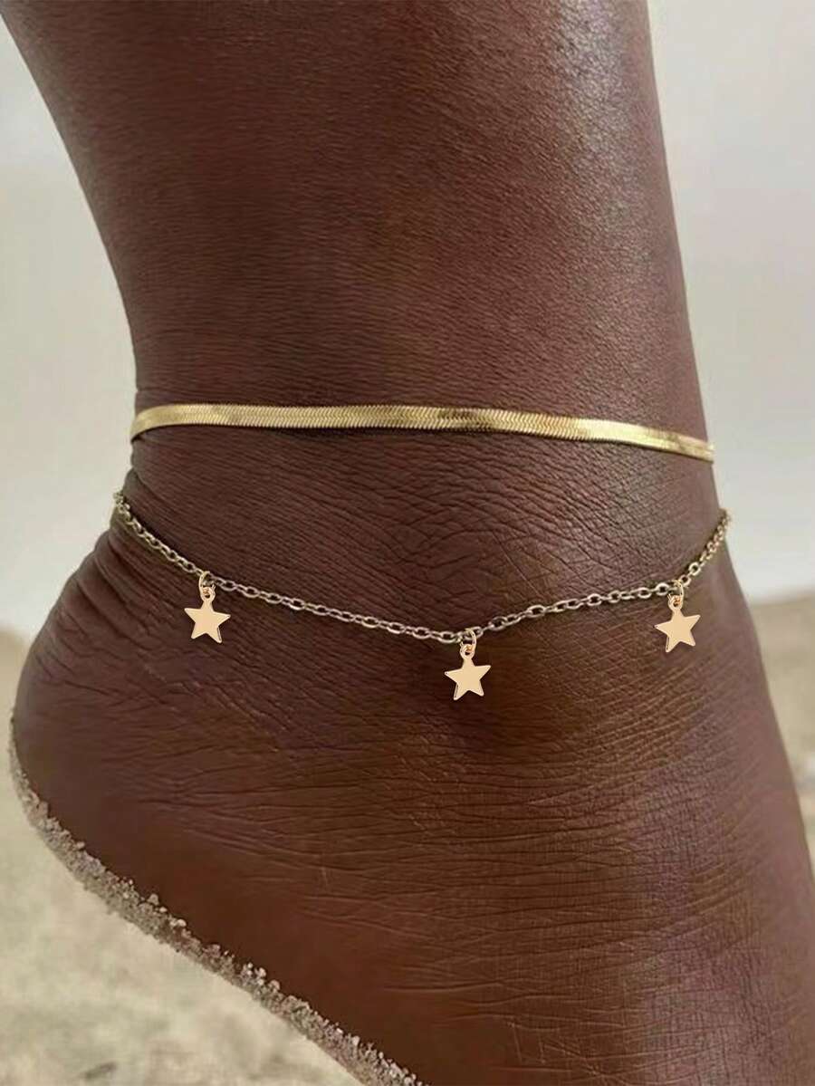 Nooxian 2pcs/Set Stainless Steel Smooth Star Tassel Anklet, Fashionable Sexy For Party And Beach Holiday (Random Star Quantity) - Yellow Gold - View 1
