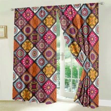 1Set/2pcs Colorful Bohemian Pattern Curtains, Polyester 100%Material Semi-Shading - UV Protection Polyester Drapes With Vibrant Mandala Print Patterns,These Window Drapes Provide Privacy And Serve As Decorative Elements For The Living Room