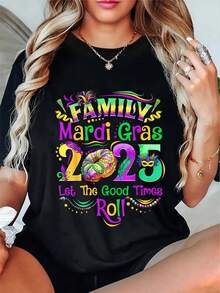 Camiseta estampada Mardi Gras 2025 de manga corta y cuello redondo de algodón negro de 180 g para mujer Camiseta estampada Family Let The Good Times Roll Camiseta informal cómoda perfecta para festivales de celebración Trajes de fiesta Camisa gráfica de tela suave y transpirable Ropa esencial para damas de moda y de moda Diseño gráfico de estilo vintage Ideal para el uso diario Camiseta llamativa festiva Gran idea de regalo para amigos y familiares Perfecto para los amantes del Mardi Gras Par versátil con faldas o pantalones cortos de mezclilla Cómodo ajuste relajado Clásico y elegante Adecuado para salidas informales Armario de verano imprescindible actualizado con Estampado único Diseño llamativo Traje de espíritu divertido y juguetón - Negro - Ver 1