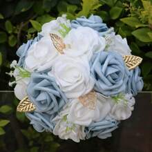 1 Stück eleganter blauer Rosenstrauß mit Satinband, Mori Stil Goldblatt Braut Brautjungfer Hochzeit Künstliche PE Schaum Rose Blumenstrauß PE407E