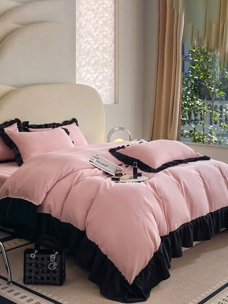 3pcs Soft & Cozy Bedding Set (1 Duvet Cover + 2 Pillow Cases), Pink & Black Ruffled Edges, Suitable For Bedroom And Guest Room - Pink - View 1