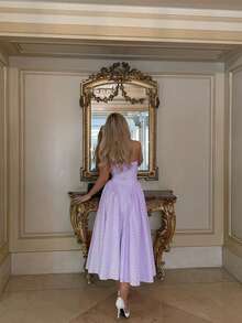 Vestido largo con cuello halter estampado de cuadros para mujeres, perfecto para citas - Morado - Ver 2