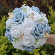 1 Stück eleganter blauer Rosenstrauß mit Satinband, Mori Stil Goldblatt Braut Brautjungfer Hochzeit Künstliche PE Schaum Rose Blumenstrauß PE407E
