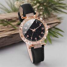 Set de 5 piezas de reloj de cuarzo con correa con cristales y pulsera de perlas para mujer (sin caja)