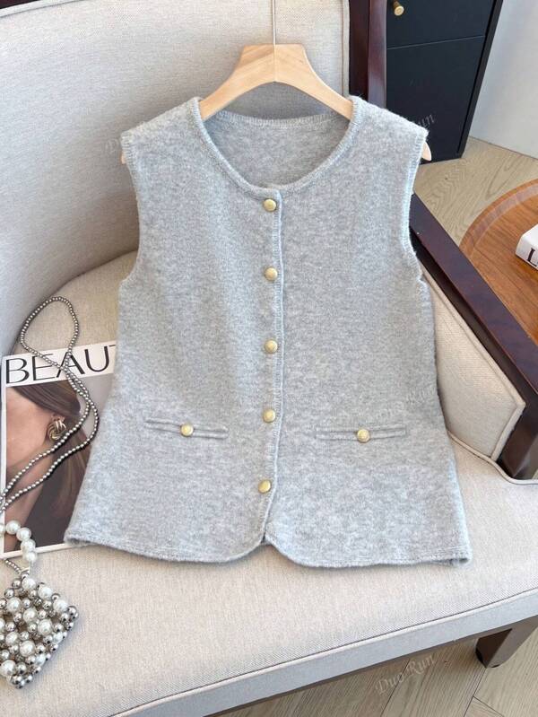 1pc Women's Simple Solid Color Cardigan, Soft Metallic Button Design, Fashion Round Neck Summer Cardigan, Open Front Vest, Elegant Knit Sweater
