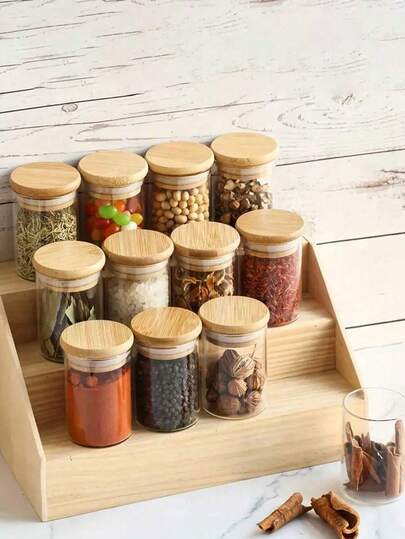 12 Glass Storage Nozzles With Wooden Lids, 100 Ml, About 7.8 Cm High, Used For Measuring Seasonings