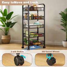 Kitchen Rack Floor-Standing 5-Tier Movable Trolley Storage Rack Vegetable Basket - Black - View 5