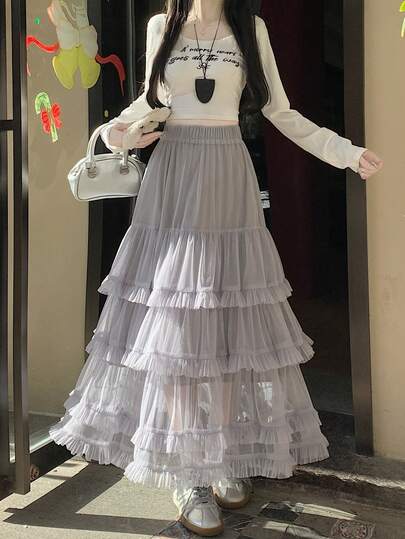 分层透视网眼 A 字裙，高腰喇叭蓬蓬裙款式，修身版型，适合 2025 年春夏