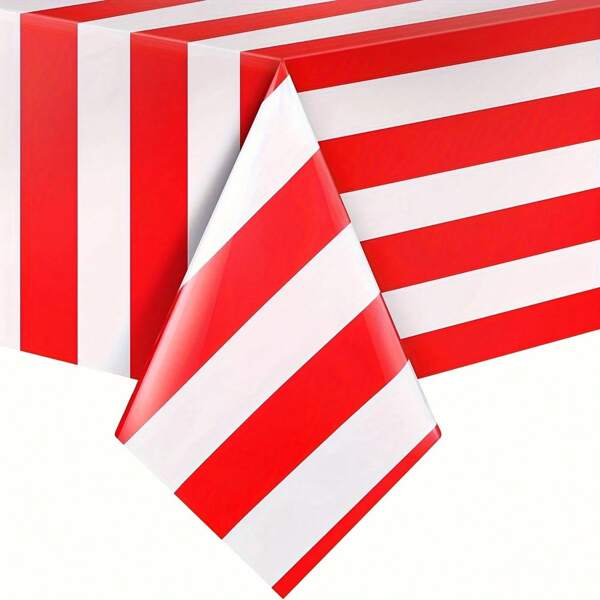 Toalha de mesa retangular de plástico listrada vermelha e branca, tema carnaval/circo, para festivais, festas, piqueniques, 137,16 x 274,32 cm