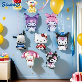  Suministros oficialmente autorizados de Sanrio para fiestas con globos temáticos de Hello Kitty, Melody, Kuromi y Pochacco, hechos de material de película de aluminio de doble cara, ideales para decoración de fiestas de cumpleaños, bodas, festivales, Navidad y Año Nuevo, sin necesidad de electricidad, también para la vuelta al cole.