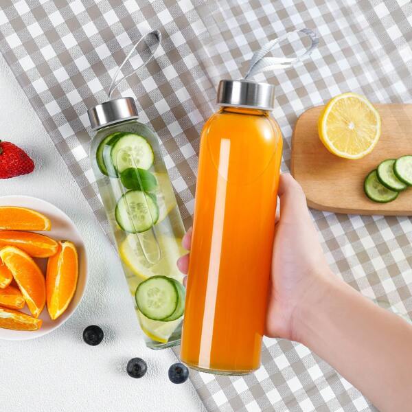 1 pieza Botella de agua de vidrio de 18 onzas, portátil para exteriores, botella de agua/jugo reutilizable de boca ancha, contenedor de líquidos, taza para beber jugo, campamento al aire libre, senderismo, viaje, con tapa de rosca de acero inoxidable, botella de agua deportiva.