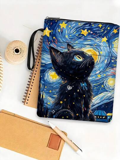 1 pieza Funda con cierre para libro con impresión del gato negro y cielo estrellado, protector de libro de tapa blanda, manga multiusos lavable para libros, apto para estudiantes, profesores, amantes de los libros, entusiastas de la Biblia, de vuelta a la escuela, útiles escolares