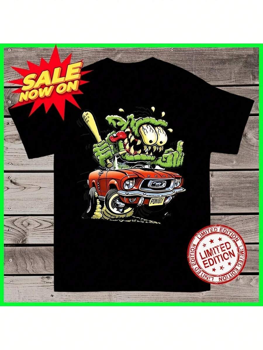 Ed Roth Rat Fink Funny Cotton Black T-Shirt, All Sizes S-3XL, Casual Graphic Tee With Cartoon Monster & Vintage Car Design, Machine Washable, Limited Edition - màu đen - Xem 1
