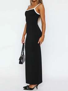 Sexy Hollow Back Sleeveless Contrast Color Knitted Bodycon Dress For Women