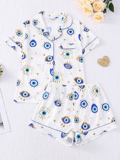 HOREA Conjunto de pijama de mujer con estampado de ojos de primavera, 2 piezas: top con cuello y mangas cortas, y shorts con cintura elástica. Ropa de dormir y de estar en casa casual para todas las estaciones