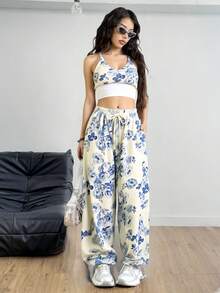 Conjunto de pantalones de verano de 2 piezas para mujer, sin mangas, hombros descubiertos, parte superior, cintura alta, pantalones de pierna ancha, ropa de calle Y2k - Azul - Ver 8