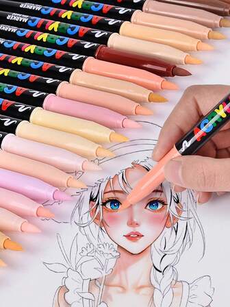 GuangNa 12/24 色肤色艺术马克笔套装，软毛笔尖丙烯颜料笔，速干，适用于玻璃、织物、插画素描、绘画、金属、DIY 项目，返校