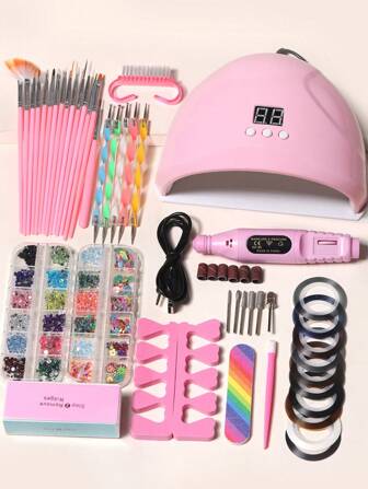 LULAA 46pcs Nail Art Kit: UV/LED Nail Lamp, Nail Drill, Nail Rhinestones, Nail Brush, Nail File, Nail Brush Set, Dotting Pen Set, Finger Separator, Cuticle Pusher, Nail Gold/Silver Line, Nail Finger Separator. Enjoy Salon-Level Manicure At Home, The Best Gift For Girls