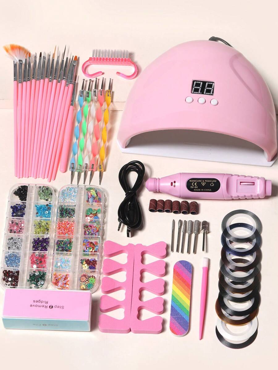 LULAA 46件套美甲套装：UV/LED美甲灯、美甲打磨机、美甲水钻、美甲刷、指甲锉、美甲刷套装、点钻笔套装、手指分离器、角质层推、美甲金/银线、手指分离器。在家即可享受沙龙级美甲体验，送给女孩的最佳礼物。