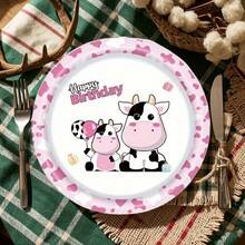 50pcs Pink Cow Themed Disposable Tableware Set, Includes 7in & 9in Paper Plates, Napkins, Cups, Thickened Disposable Tableware Set Suitable For Birthday Party, Theme Party, Outdoor Gathering, Family Gathering, Daily Use