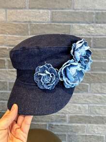 1 Stück Damen Jeansperlen-Baskenmütze, moderner minimalistischer Blumen-Maler-Hut, eleganter vintage flacher Oktogonhut, geeignet für Frühling/Sommer Outdoor, Lässig und für den täglichen Gebrauch