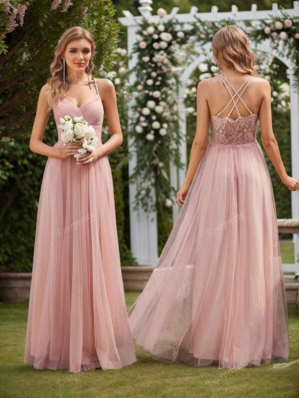 EVER-PRETTY Elegant Criss-Cross Back Slip Spaghetti Strap Lace Contrast Mesh Pink Bridesmaid Dress For Wedding Vacation Graduation Birthday