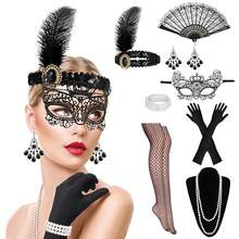 1 套 8 件 20 世纪 20 年代复古轻佻羽毛头带、长耳环、珍珠项链、手镯、露指手套、渔网袜、手扇和支架 - 女士派对、节日、舞蹈表演配饰套装万圣节