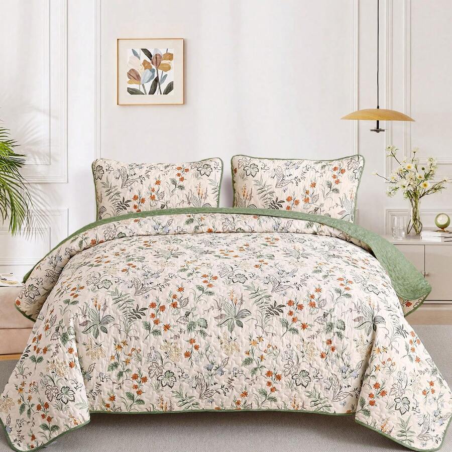 DJY 3 Pieces Queen King Size Gradient Aqua Flower Pattern Bedspread Coverlet For All Season,Soft Lightweight Microfiber Bedding Set,Wedding Items,Valentines Day Home Bed Room Decor,Easter Gifts,Mothers Day Gift,All Season - Xanh lá cây có thể đảo ngược - Xem 1