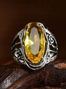 1pc Boho Style Vintage Silver Oversized Golden Cubic Zirconia Women's Ring, Wedding/Engagement/Promise Ring For Daily Wear