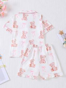 2pcs Girls Pajama Sets, Summer New Cute Teddy Bear Print Cardigan Shirt & Shorts Loungewear Homewear For Kids, Washable & Wearable Outside